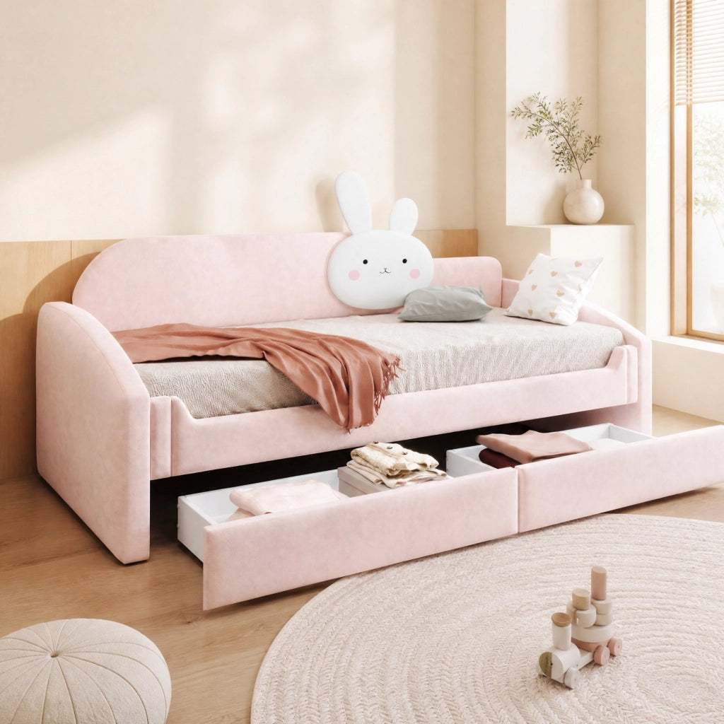DESMIU Letto per bambini 90 × 200 cm con 2 cassetti, LED e cuscino coniglio, senza materasso, in velluto, rosa