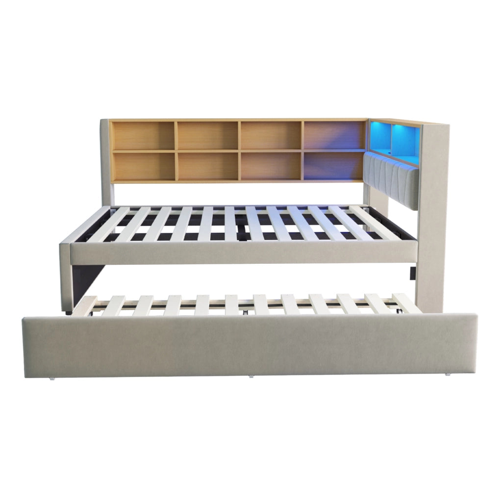 Divano letto 140x200 cm con letto estraibile; LED e vani portaoggetti in flanella grigio chiaro