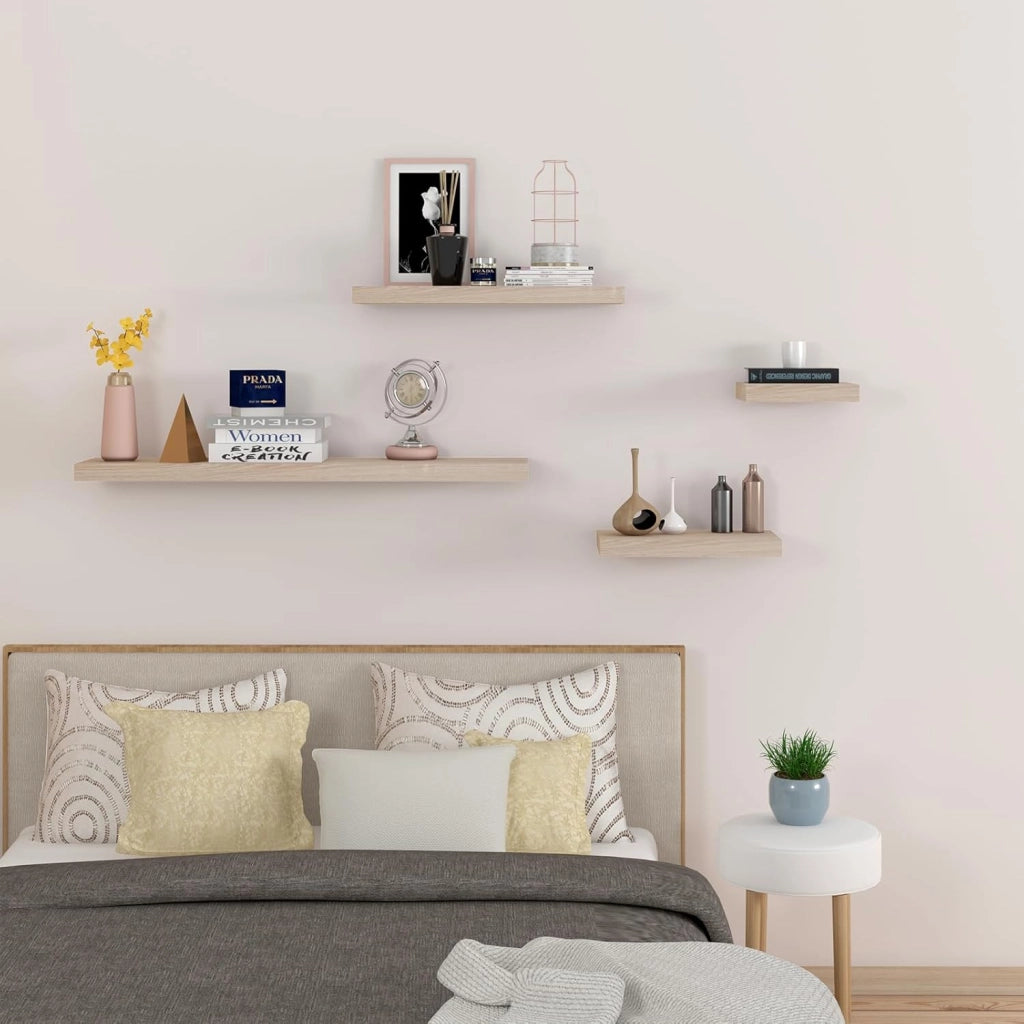 Set di 4 Mensole da Muro, Noce Chiaro, 60cm, in Legno MDF, Librerie Scaffale da Parete Portaoggetti, Stile rétro, Mensole Sospese Decorative per Salotto Cucina Corridoio