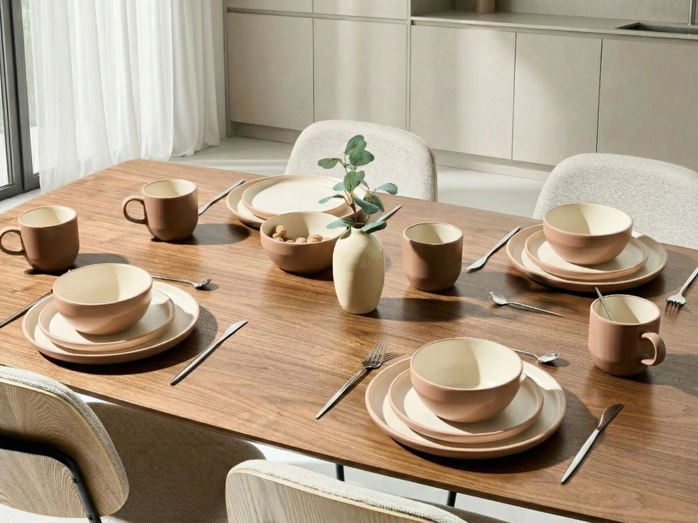 Servizio da tavola 16 pezzi in gres beige e blu elegante per cucina e sala da pranzo con finitura smaltata colorata per 4 persone