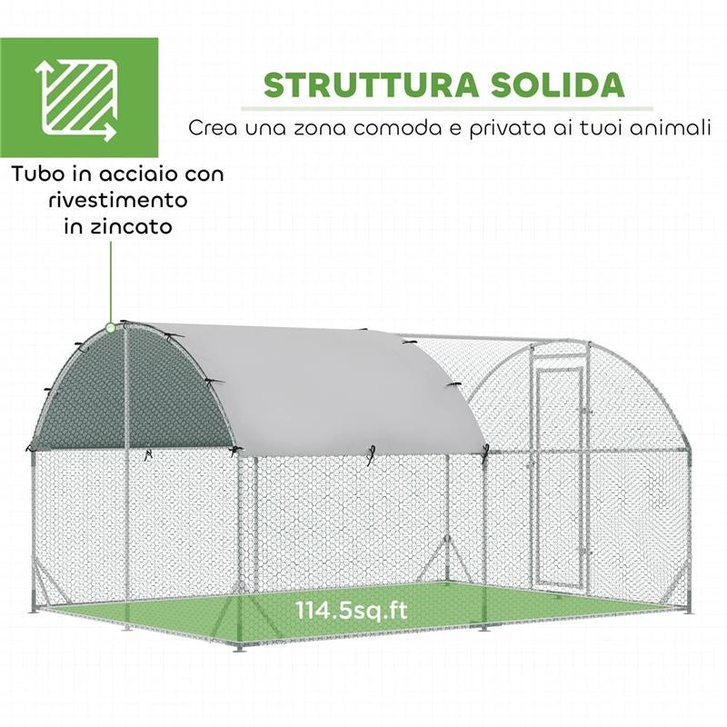 RECINTO PER GALLINE IN METALLO GALVANIZZATO CON TETTO E COPERTURA ANTI UV, 280X380X197 CM, ARGENTO
