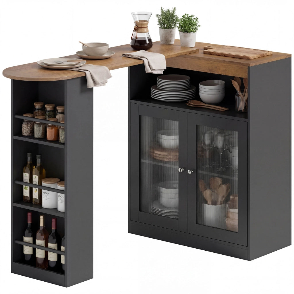 Tavolo da Bar Allungabile e Girevole con Ripiani e 2 Ante in Vetro ¨C Zephmum ¨C 150x80x105,5 cm Nero e Naturale