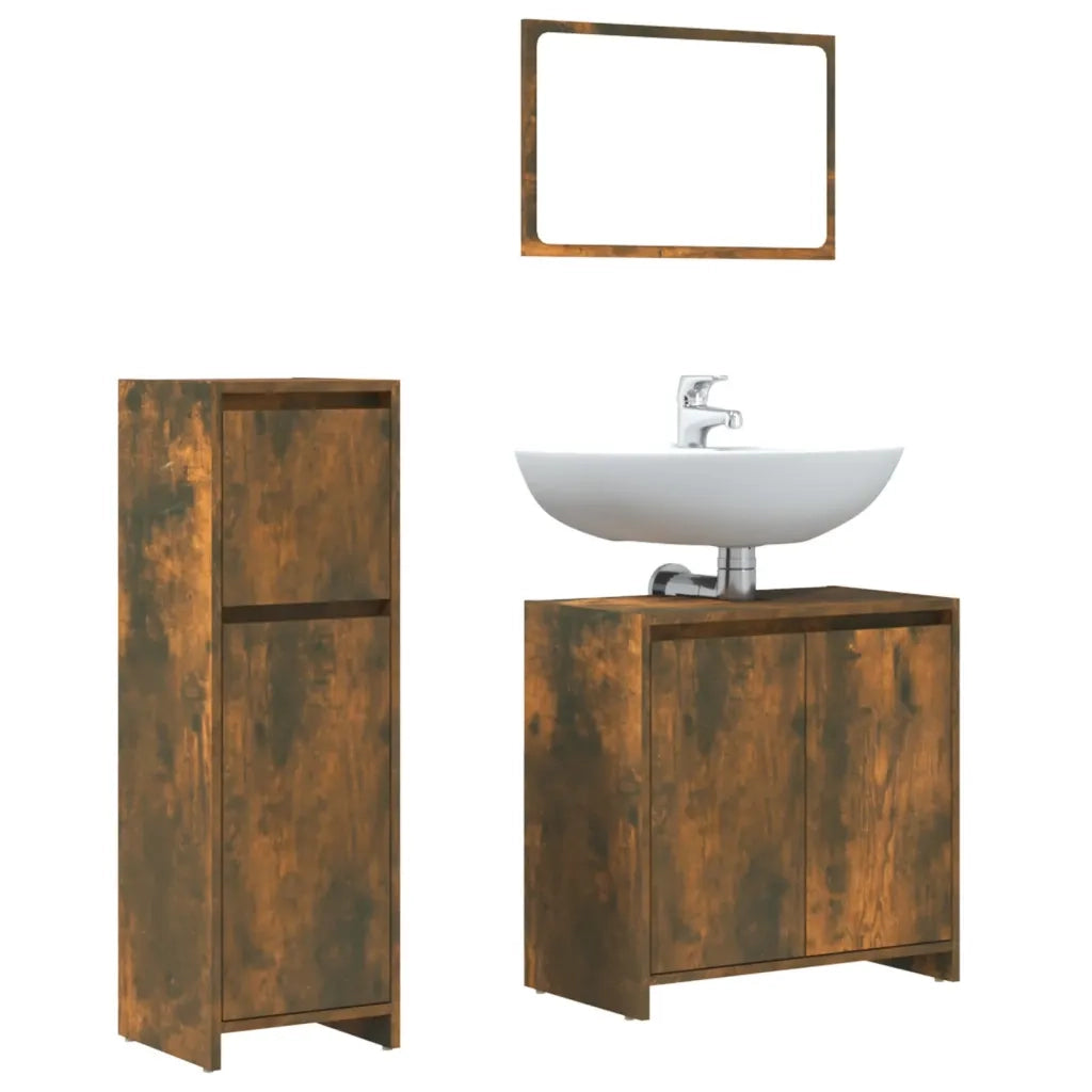 Set Mobili da Bagno | Armadio da bagno 3 pz Rovere Fumo in Legno Multistrato