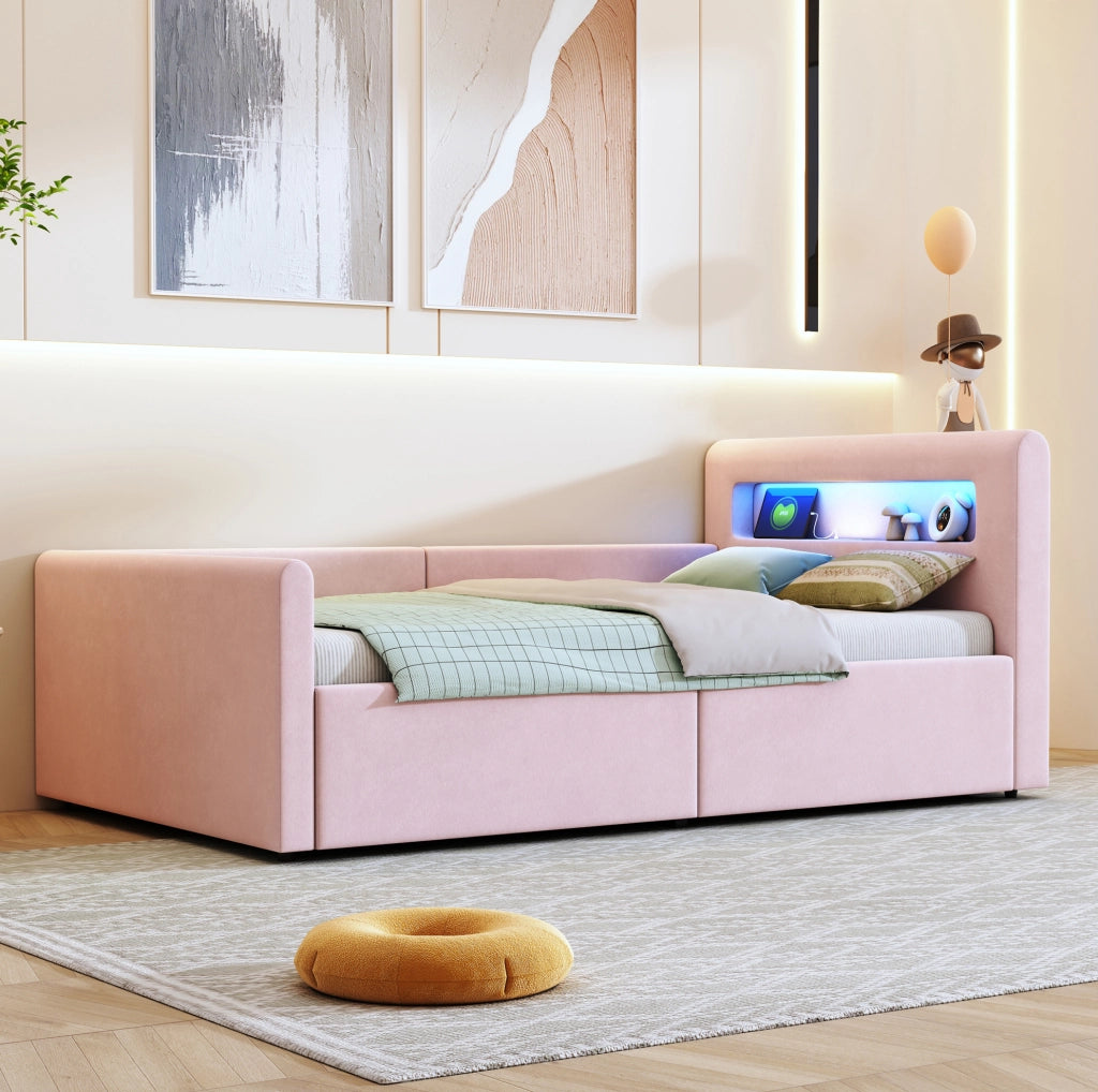 Letto imbottito 90x200 cm con LED; luce notturna; USB e contenitore in velluto rosa