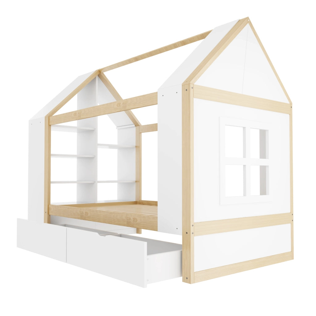 Letto bambini a forma di casa 90x200 cm con LED; 2 cassetti; in legno massello e MDF; bianco e naturale