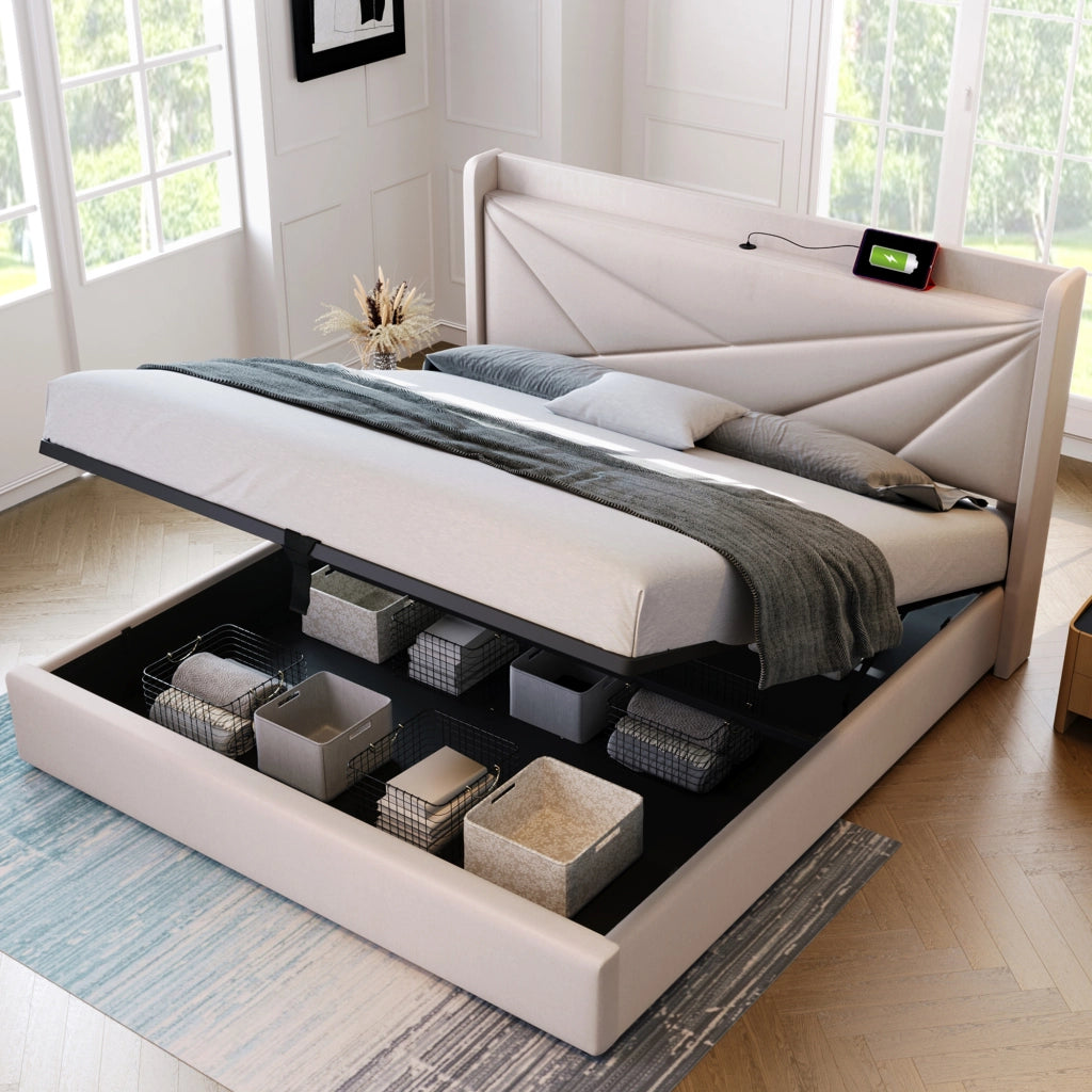 Letto matrimoniale contenitore 140x200 in cotone lino con USB-C, testiera geometrica e materasso