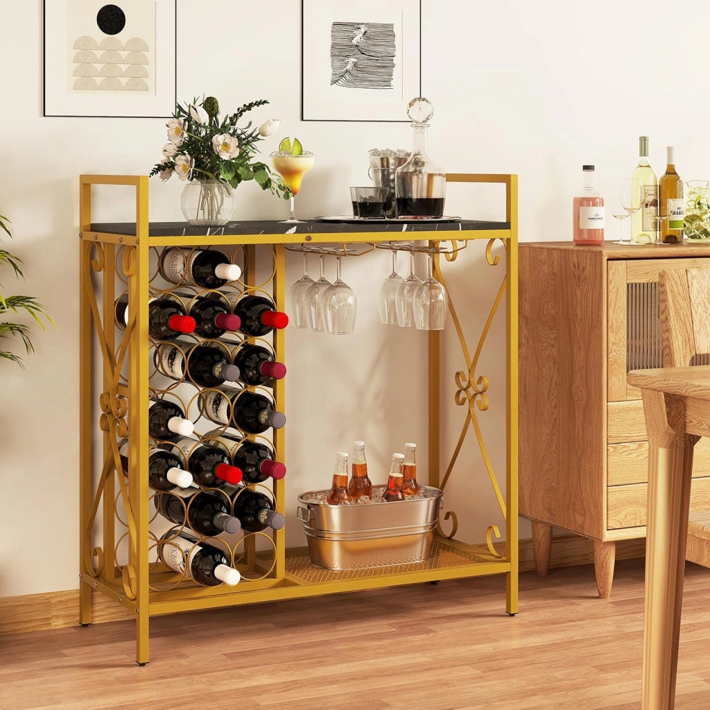 Portabottiglie da Terra per 21 Bottiglie, Portabottiglie da Vino con Supporto per Bicchieri, Piano in Legno e Mensola per Stoccaggio, Struttura Metallica，per Cucina e Bar (Nero)