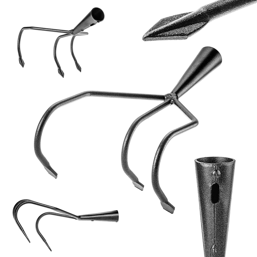 Rastrello da giardino KADAX a 3 denti in acciaio con aerazione integrata.