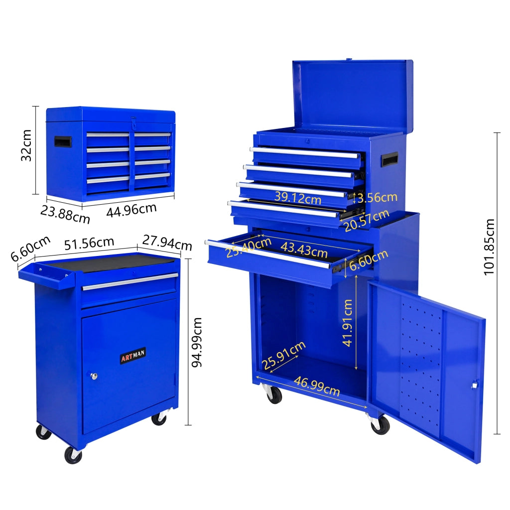 Mobile contenitore con 5 cassetti; ripiano regolabile e ruote; per garage e officina; blu; 56.5×32.5×68 cm