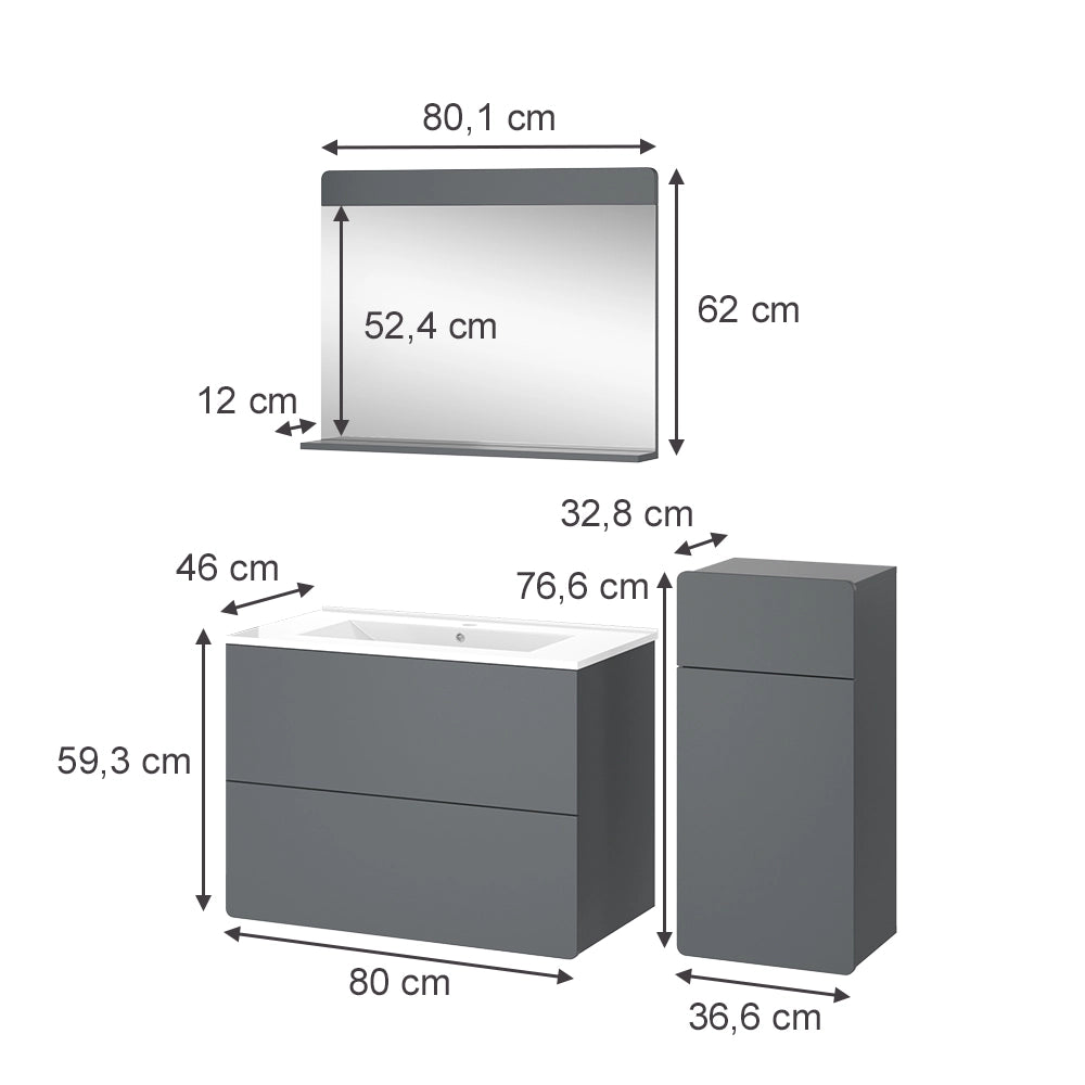 Vicco Set mobili bagno Grigio 4 pezzi con unità midi