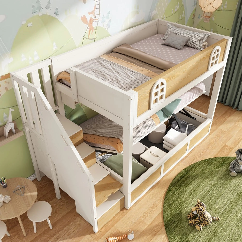Letto a Castello per Bambini con Scaletta Contenitore ¨C MINIMAL ¨C Bianco/Legno, 90x200, Rete a Doghe