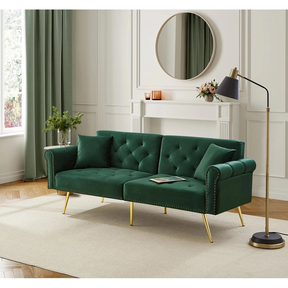 Divano letto 2 posti - Xylo - velluto, piedi oro, 3 posizioni, elegante