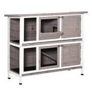 Gabbia per Conigli in Legno Massiccio con Doppio Piano Tetto Apribile, Mangiatoia, Vassoi Estraibili, 4 Porte, 122 x 50 x 101 cm, Grigio e Bianco