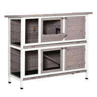 Gabbia per Conigli in Legno Massiccio con Doppio Piano Tetto Apribile, Mangiatoia, Vassoi Estraibili, 4 Porte, 122 x 50 x 101 cm, Grigio e Bianco