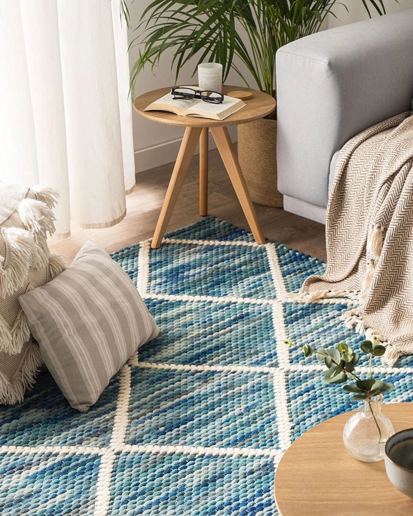 Tappeto tappetino Blu 140 x 200 cm Lana Motivo Geometrico soggiorno