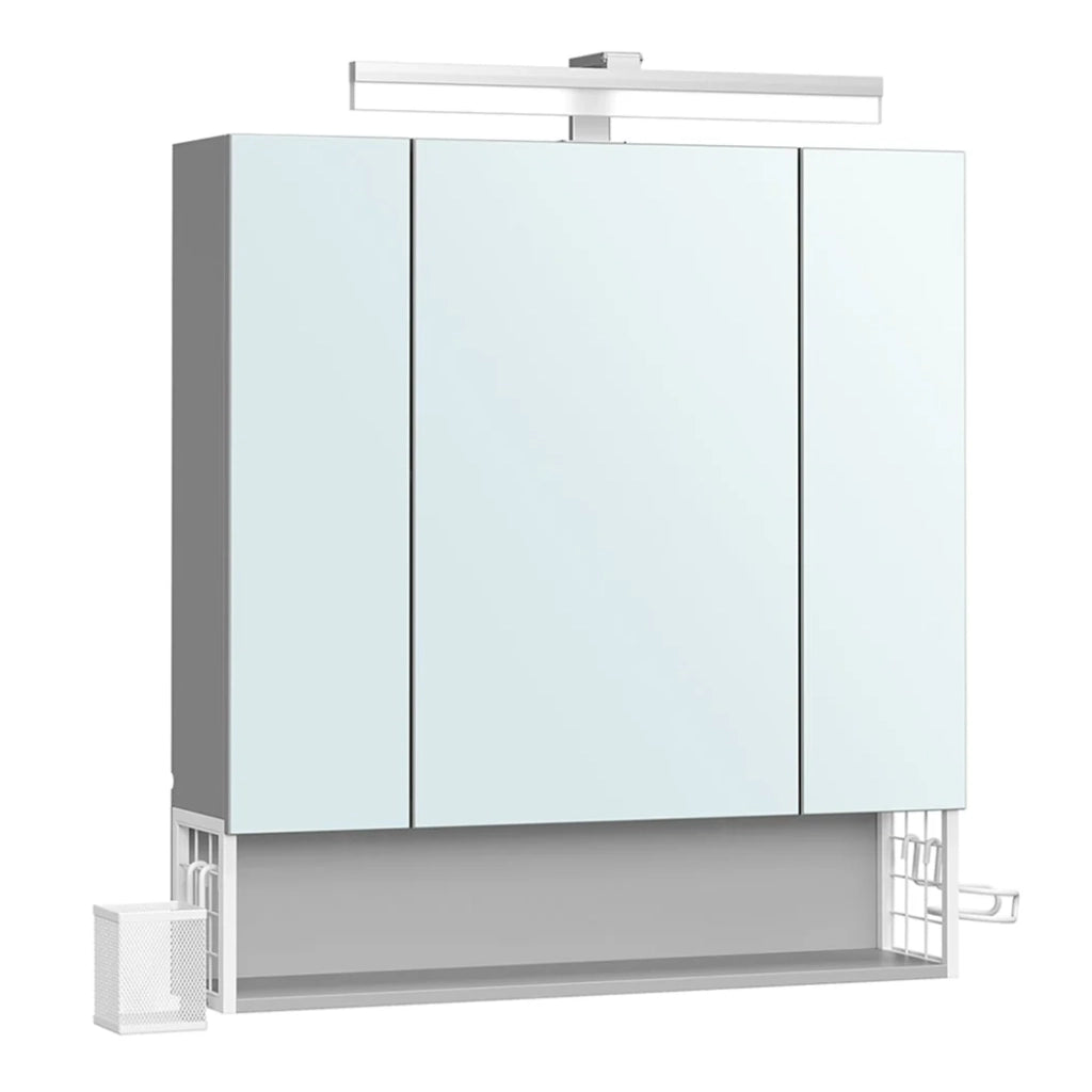 Mobiletto da bagno a 3 ante da parete con specchio multipresa cestino pensile portaphon e lavabo grigio 12_0006465