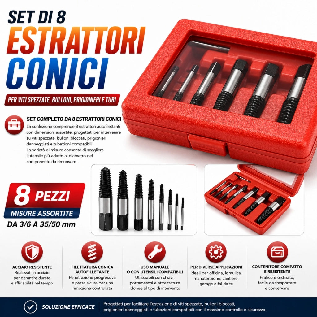 Kit 8 Estrattori Conici per Viti Bulloni Spezzati e Prigionieri