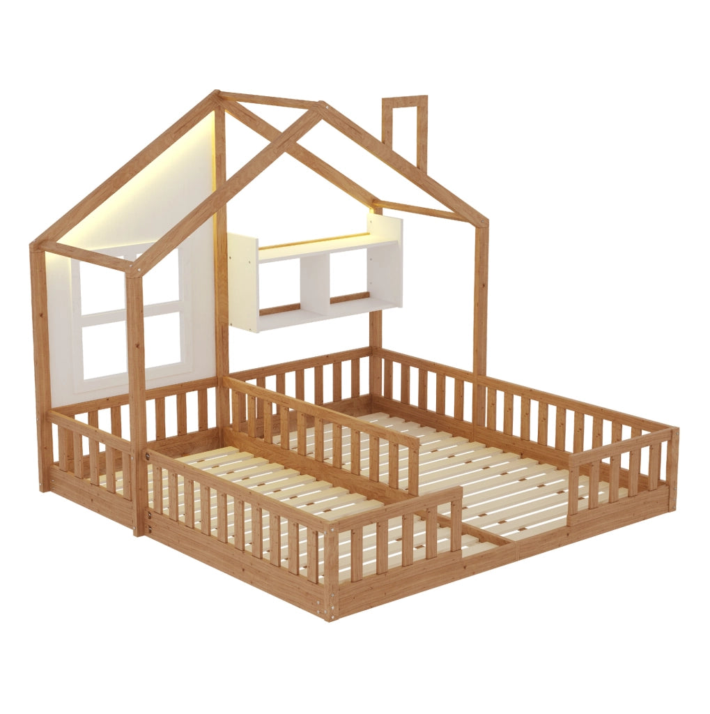 Letto doppio per bambini 2x90x200 cm con LED, ripiani e sponde in legno naturale