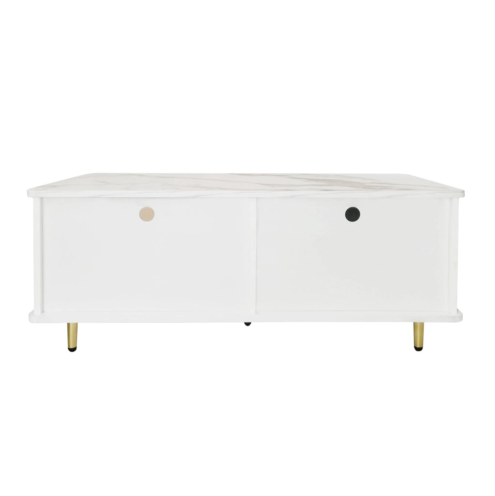 Tavolino da salotto con LED 100x50x40 cm; 2 cassetti e 2 ante in truciolare bianco e vetro temperato