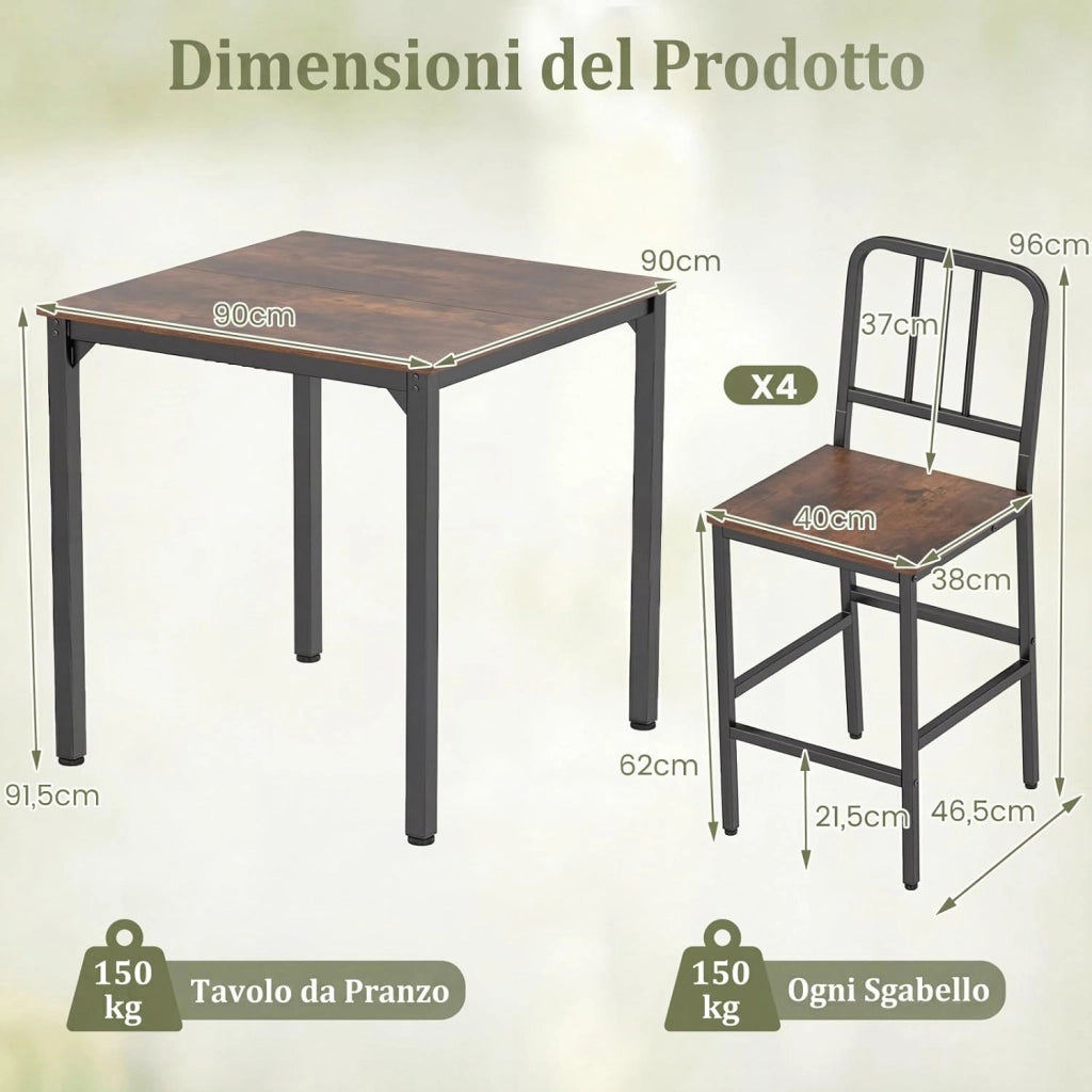 Set da Pranzo per 4 Persone, Set Cucina Bar 5 Pezzi con Superficie in Finto Marmo, Tavolo Quadrato in Legno e 4 Sgabelli Alti per Angolo Colazione e Sala da Pranzo (Caffè)