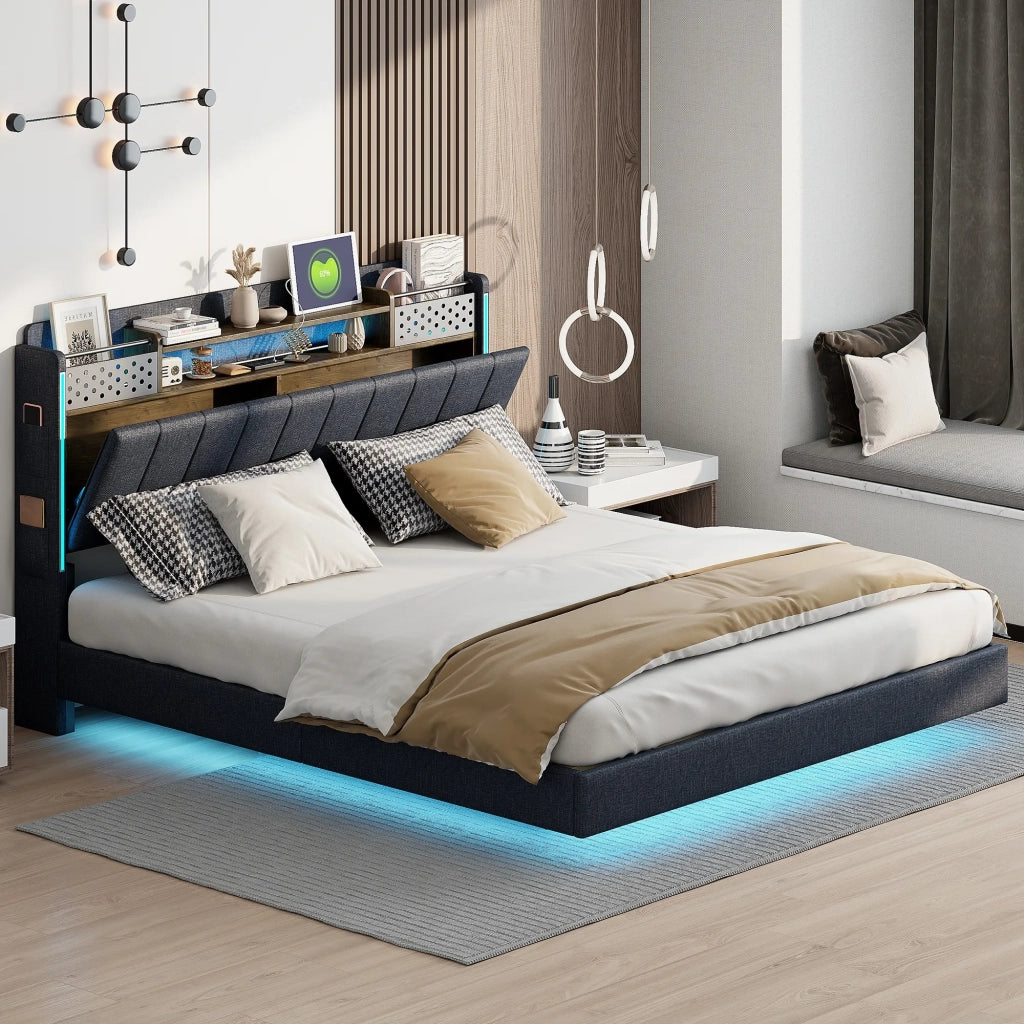 Letto matrimoniale imbottito 160x200 cm con LED; USB; testiera contenitore e rete; grigio