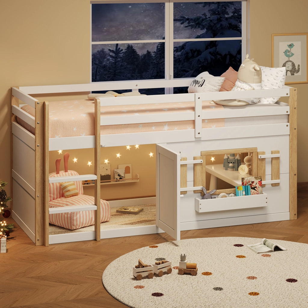 Letto a castello in legno massiccio 90x200 cm, bianco, con rete a doghe, senza materasso