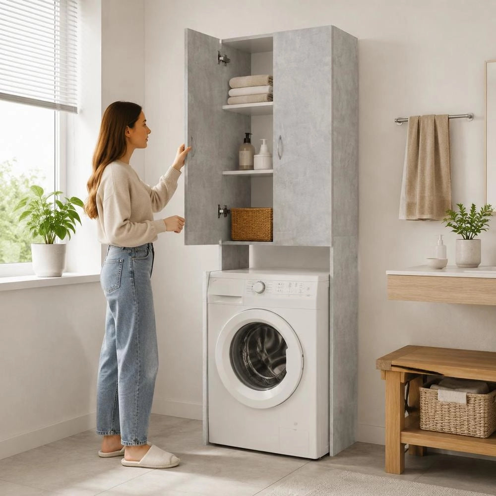 Washing Machine Cabinet, Concrete Grey, 64x25.5x190 Cm