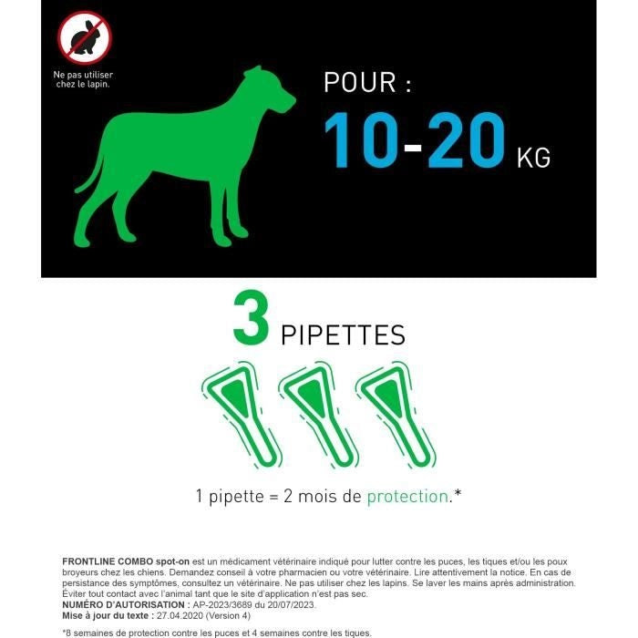 FRONTLINE 3 Pipette antiparassitarie COMBO Cane - da 10 a 20 kg - Pulci, zecche, pidocchi masticatori