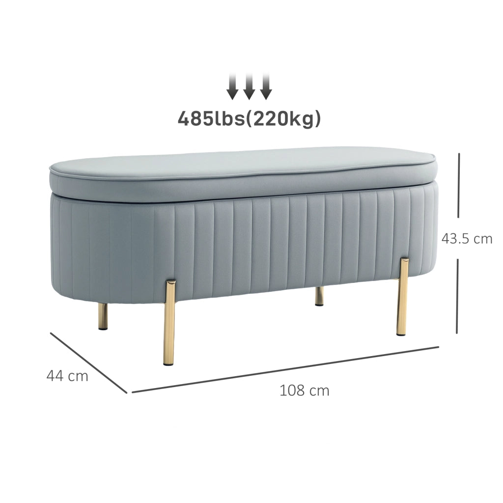 Panca Contenitore Ovale 108x44x43,5 cm con Coperchio Sollevabile in Tessuto Vellutato Grigio