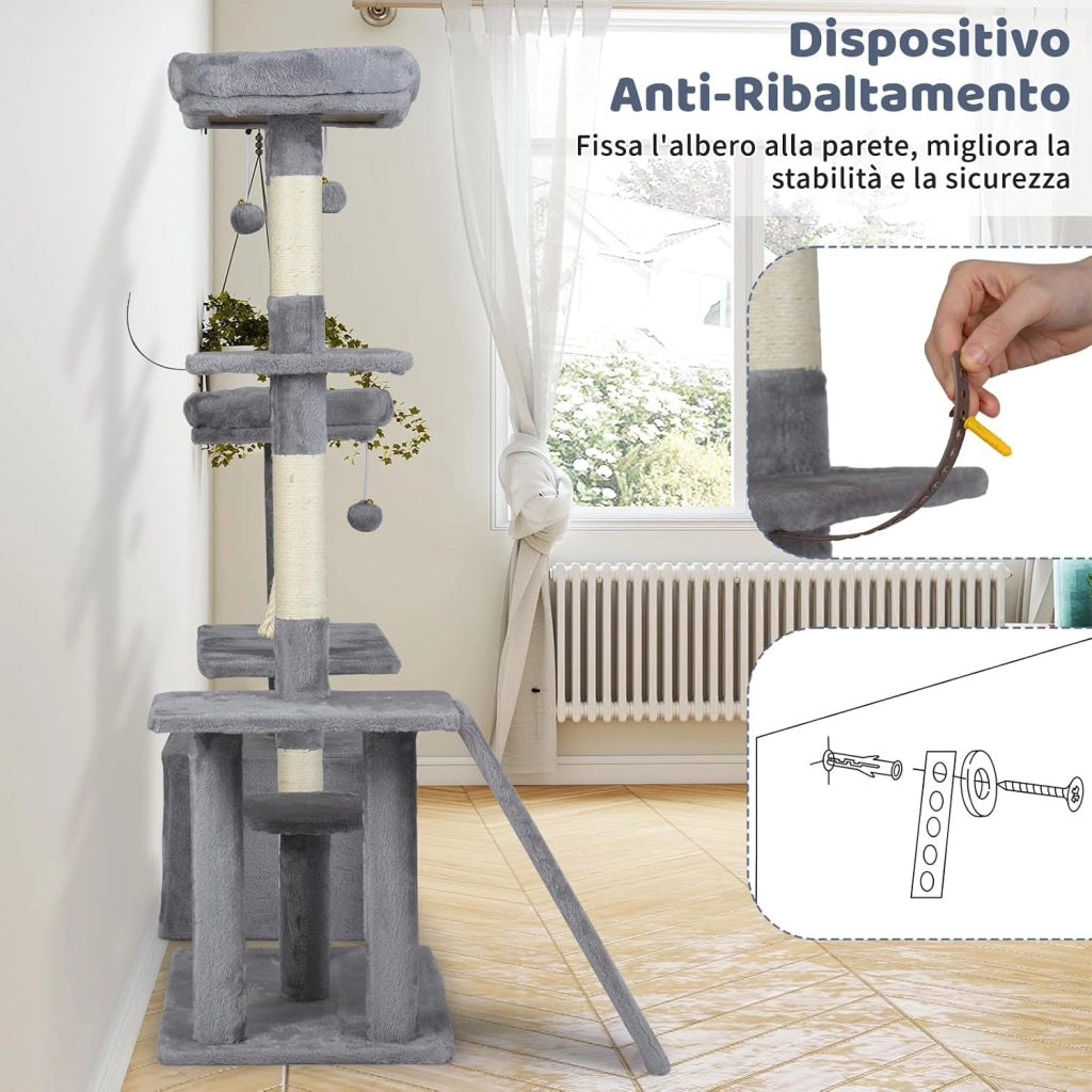 Albero per Gatti Alto 136 cm, Tiragraffi per Gatti da Interno con Tiragraffi, Rampa, 2 Posatoi Imbottiti, Ampio Condo, Palline Pendenti, Corda Appesa e Piattaforma Multilivello (Grigio Chiaro)