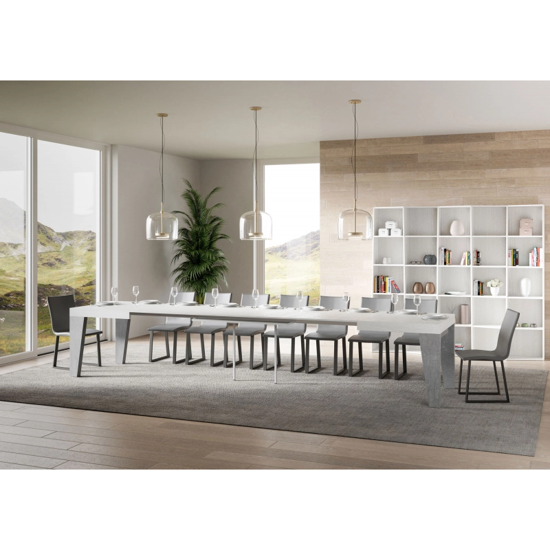 Tavolo allungabile 90x160/420 cm Naxy Mix piano Bianco Frassino - g - Bianco Frassino/Cemento