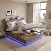 Letto matrimoniale 160x200 cm con contenitore;struttura letto con testiera imbottita e rete a doghe  LED e USB  rivestimento in velluto -beige