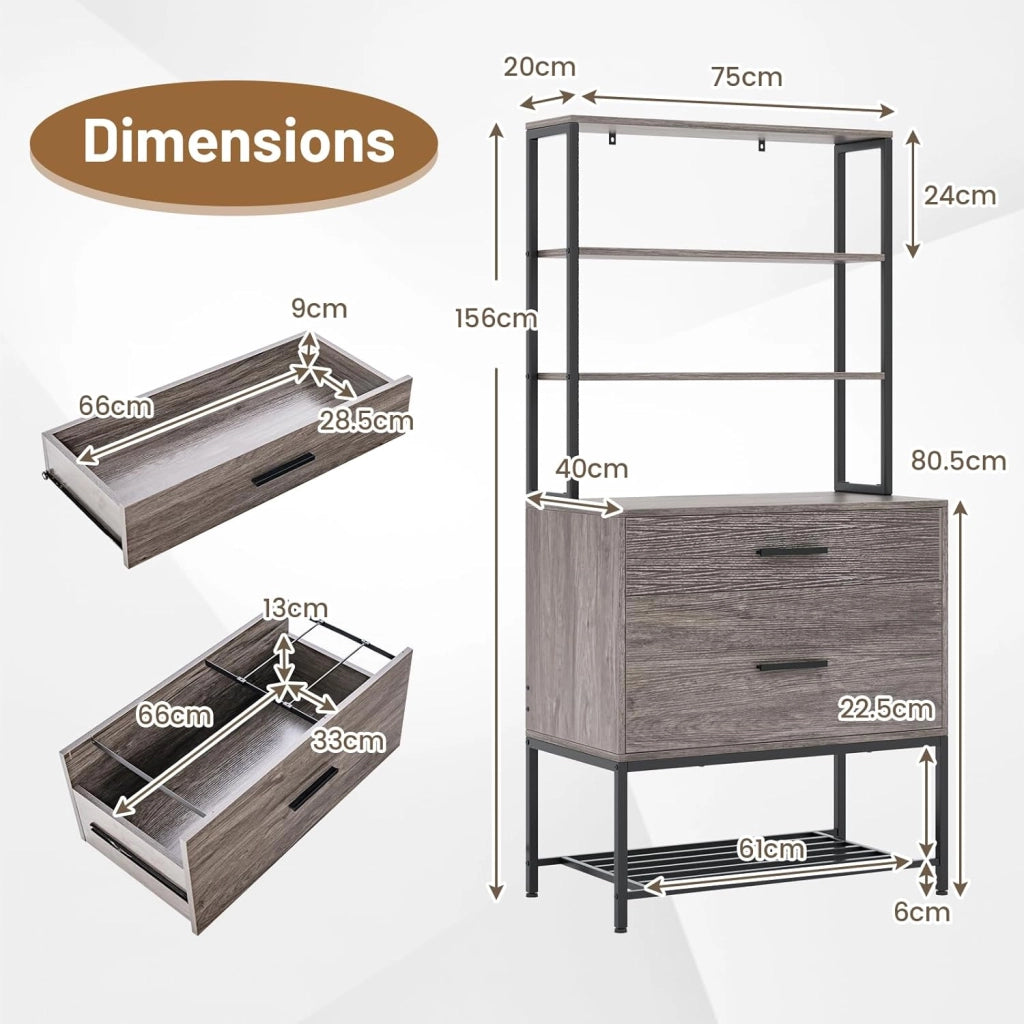 Libreria Scaffale con 2 Cassetti, Mobile di Stoccaggio con Dispositivo Antiribaltamento, Armadietto per Soggiorno, Ufficio, Camero da Letto, 75 x 40 x 156 cm (Grigio)