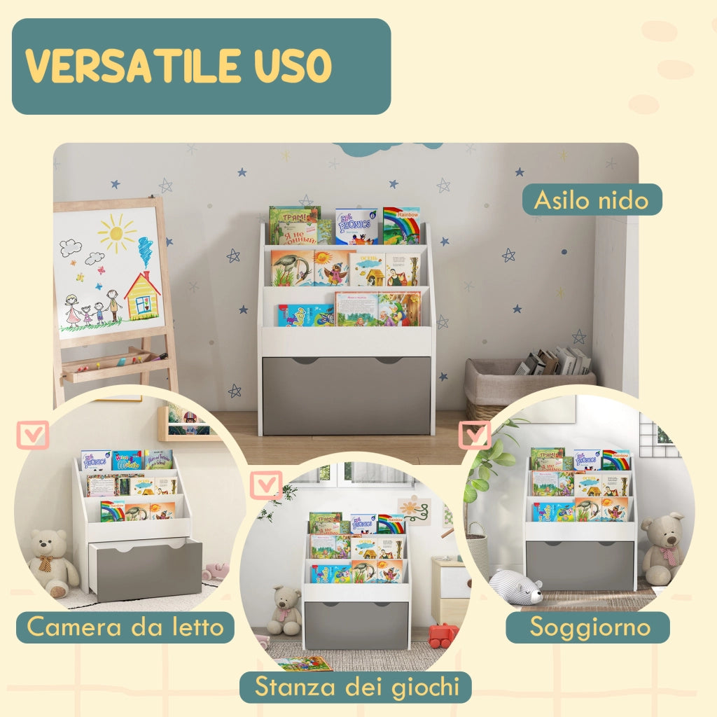 Libreria per Bambini 3-8 Anni 62.5x30x70 cm a 3 Ripiani con Cassetto Inferiore in MDF Grigio