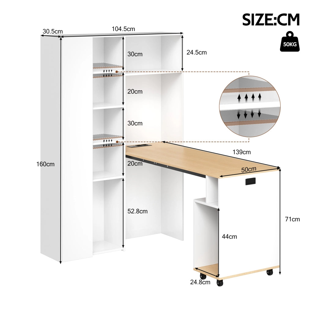 Scrivania pieghevole 2 in 1 con libreria, presa EU e USB, bianco, MDF, 104,5 × 30,5 × 160 cm