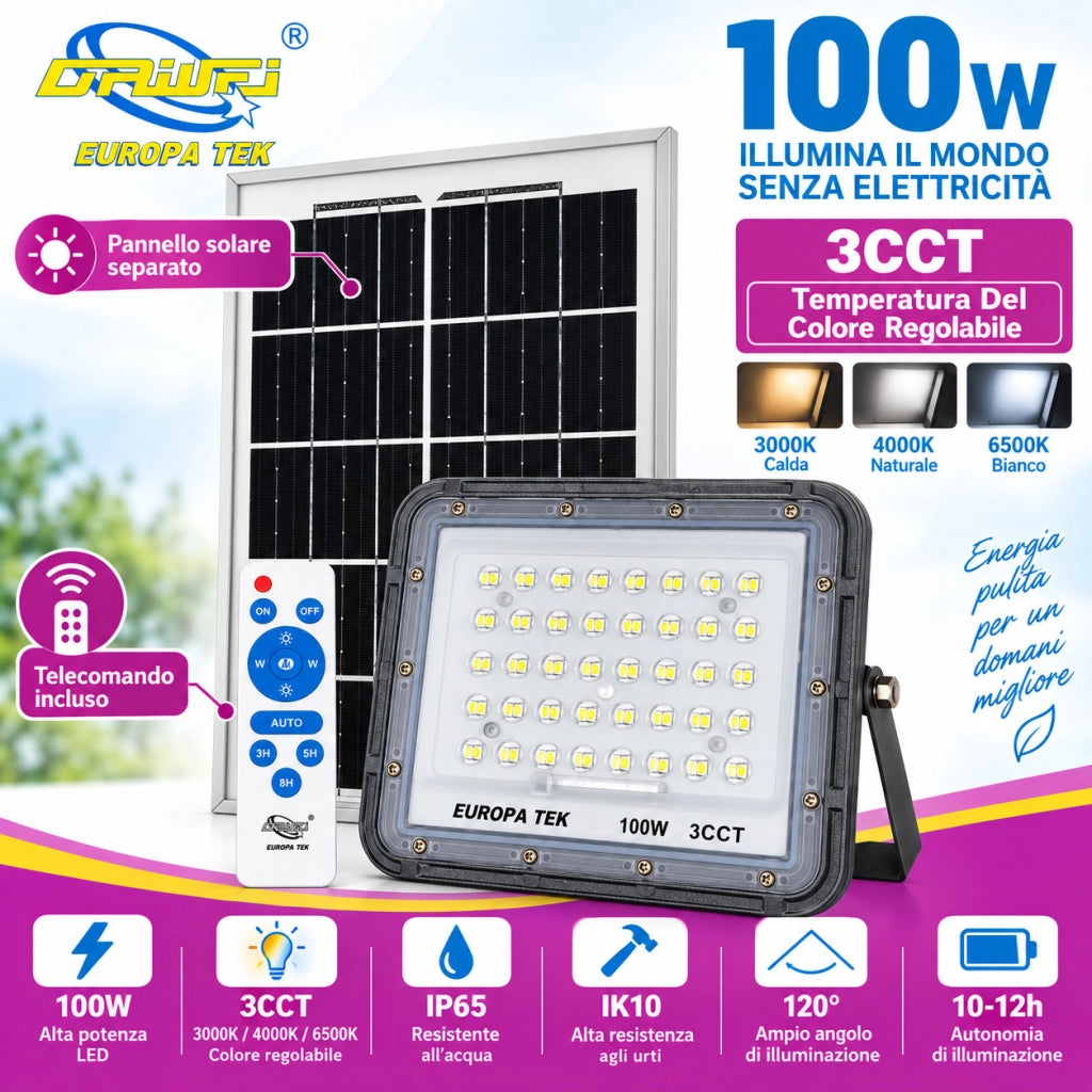 FARO LED SOLARE 100W 3CCT DA ESTERNO IP65 TELECOMANDO PANNELLO LUCE 120 ET-31773