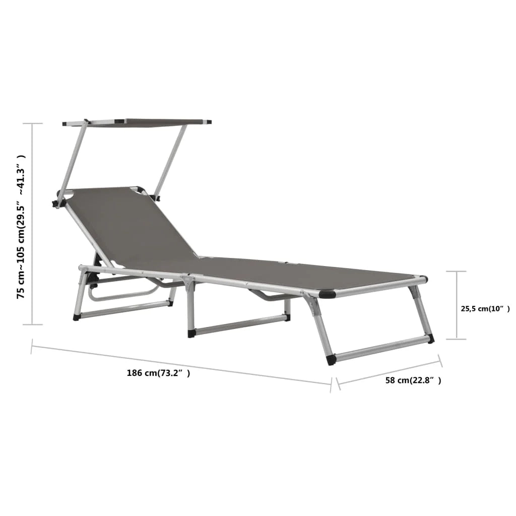 Lettino prendisole sedia a sdraio lettino prendisole letto da giardino mobili da giardino mobili da esterno pieghevoli con tettoia in alluminio e textilene grigio 02_0012817