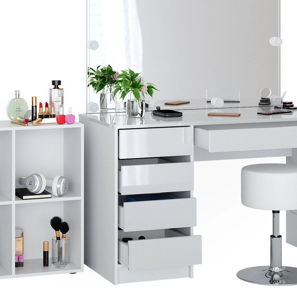 Vicco Tavolino da toilette Bianco 120 cm 4 parti, con scaffale, specchio, sgabello, LED