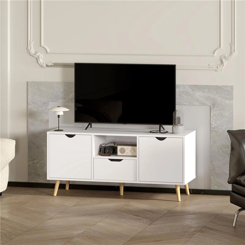 MOBILE PORTA TV MAX 50" CON CASSETTO, RIPIANO APERTO E ARMADIETTI, 110X40X50 CM, BIANCO E LEGNO