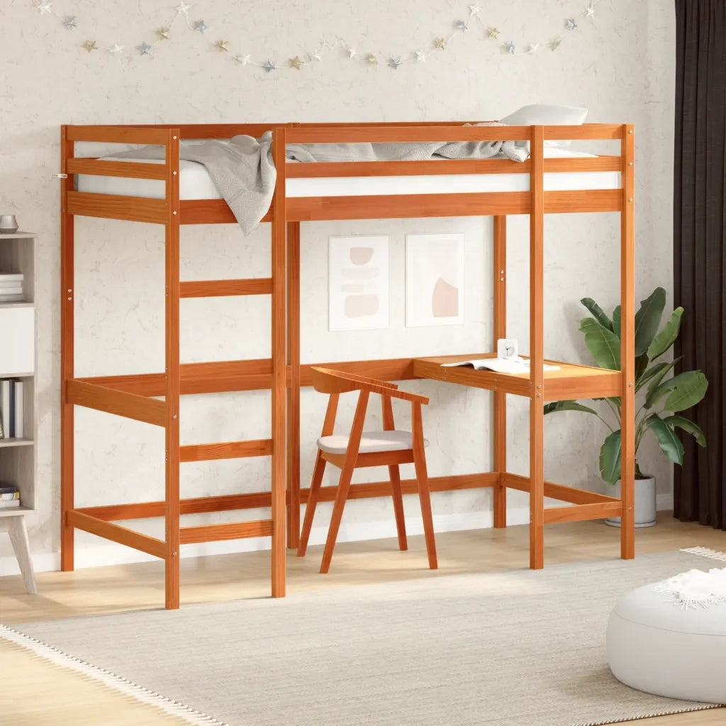 Letto singolo | Letto per adulti | Letto Soppalco con Scrivania Marrone Cera 90x200 cm Legno Pino