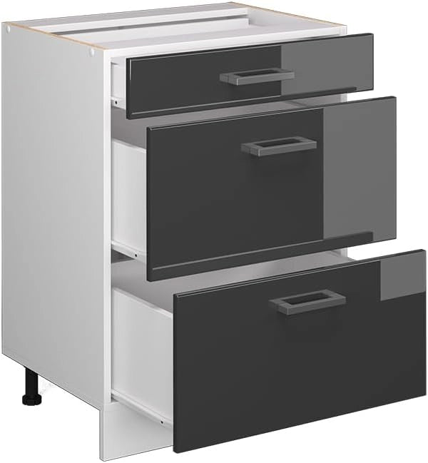 Mobiletto base per cucina R-Line, Antracite lucido, 60 cm con cassetti, senza piano di lavoro, per la libera combinazione all'interno di sistemi cucina modulari