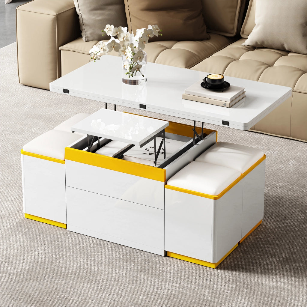 Tavolino Da Salotto Alzabile ed Estensibile con 1 Cassetto e Vani; Lucido Parziale; in MDF; Bianco Giallo