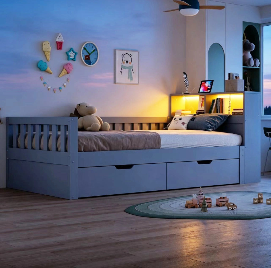 Letto singolo multifunzione 90x200 cm in legno grigio con cassetti; LED e prese USB