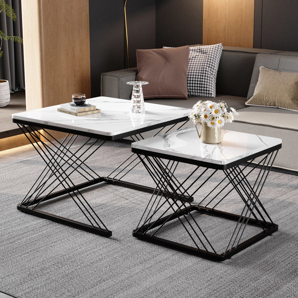 Set di 2 tavolini da caffè quadrati in MDF effetto marmo