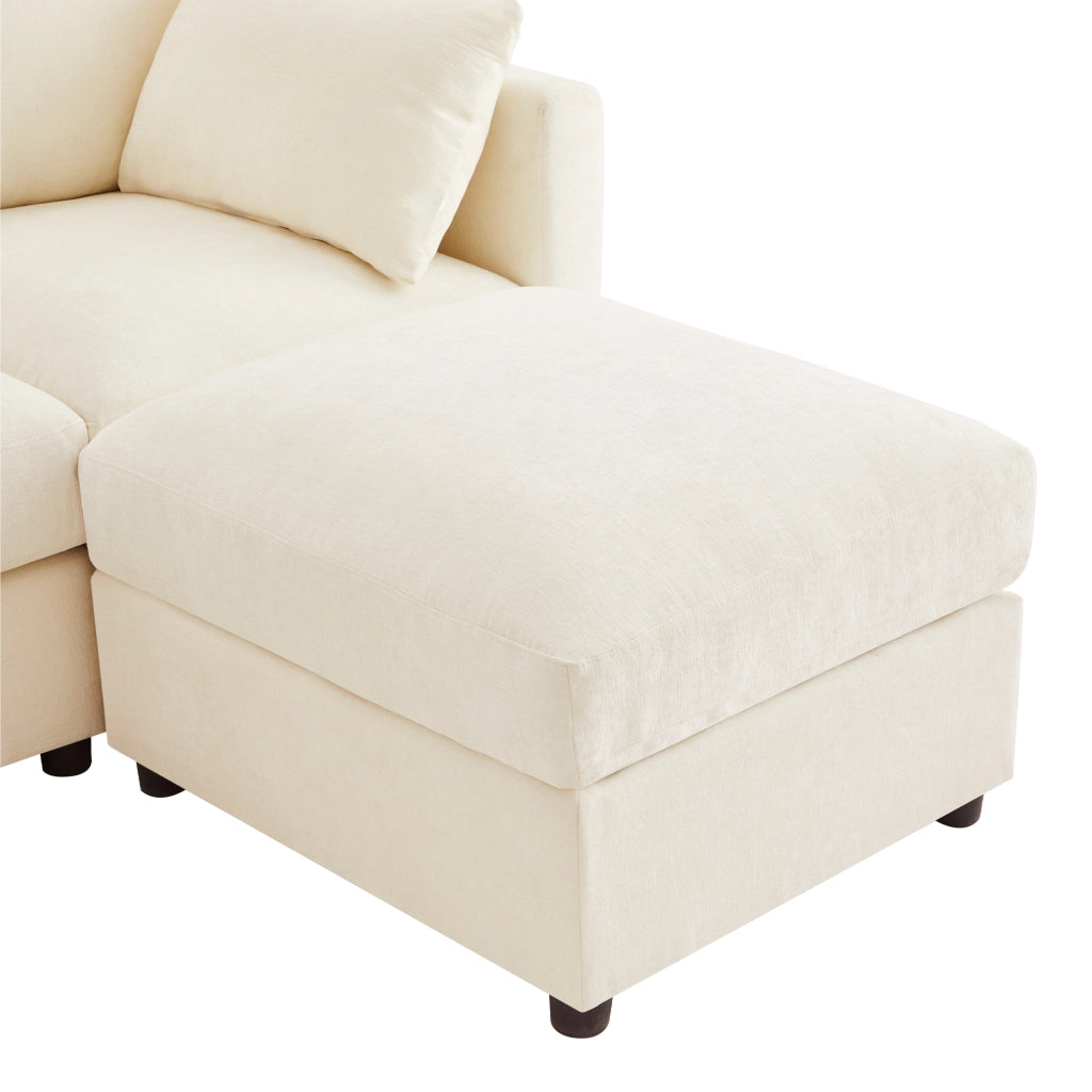 Divano modulare angolare in chenille con braccioli regolabili, pouf e cuscini beige 284 × 156,5 × 86 cm