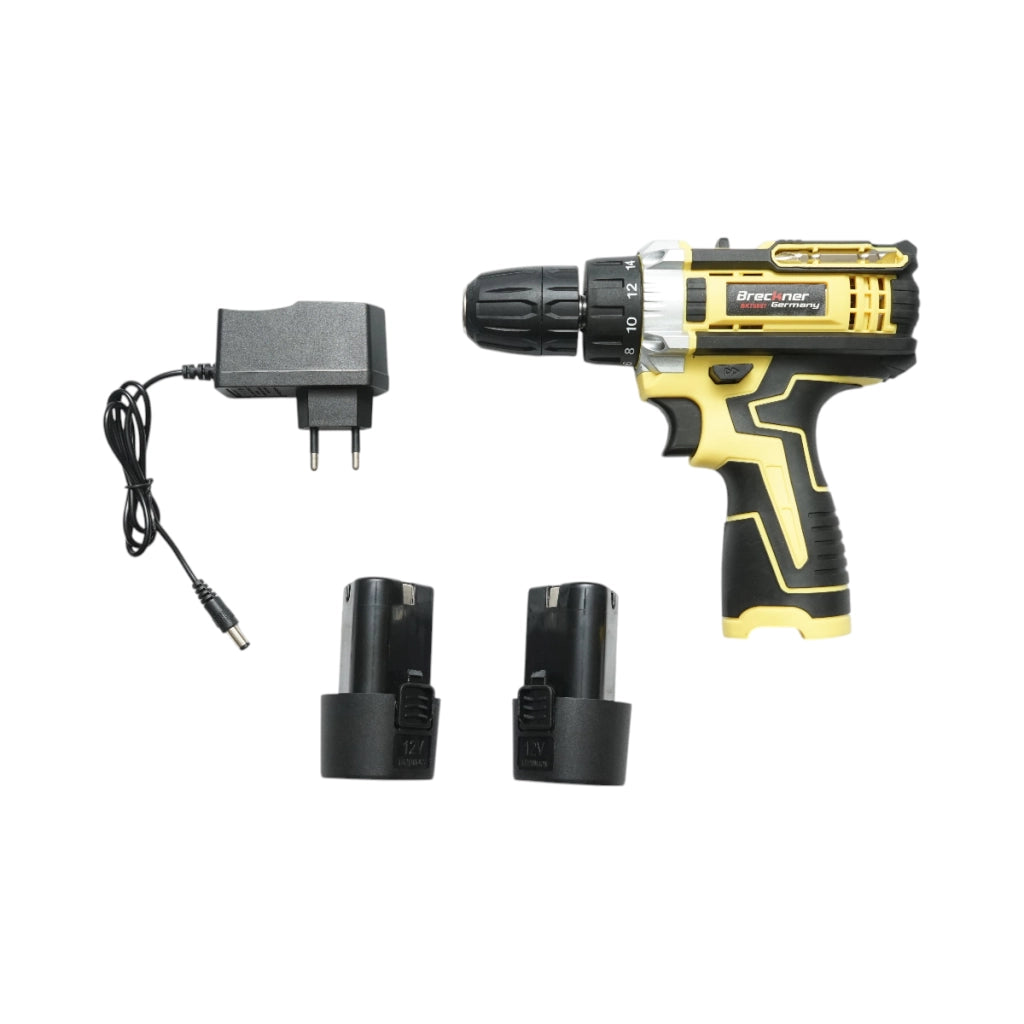 Avvitatore e trapano con 2 batterie 12V, 1.5Ah agli ioni di litio, coppia 25Nm, mandrino da 10mm, 0-350/1350 giri/min Breckner Germany