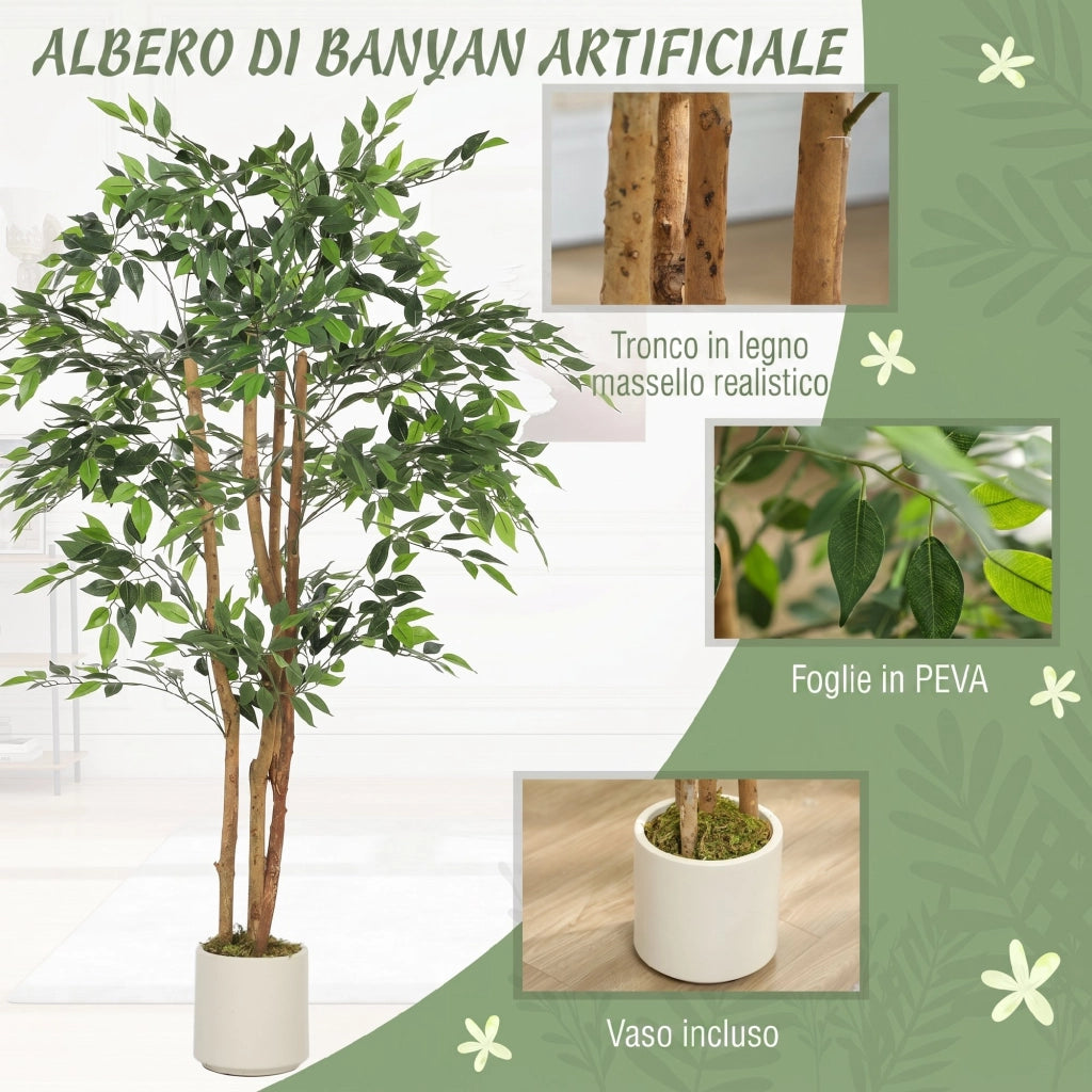 Pianta Artificiale di Banano in PEVA e Legno con Rami Orientabili e Vaso Contenitore Bianco in PP e Cemento