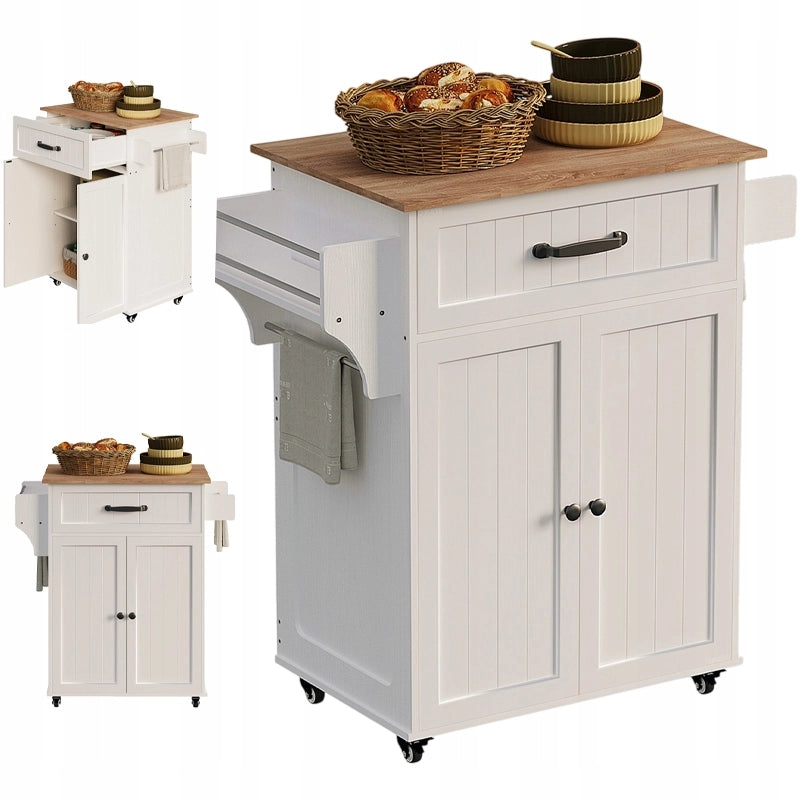CARRELLO DA CUCINA BIANCO CON PIANO DI LAVORO, CASSETTO E ANTA – STILE LOFT MODERNO