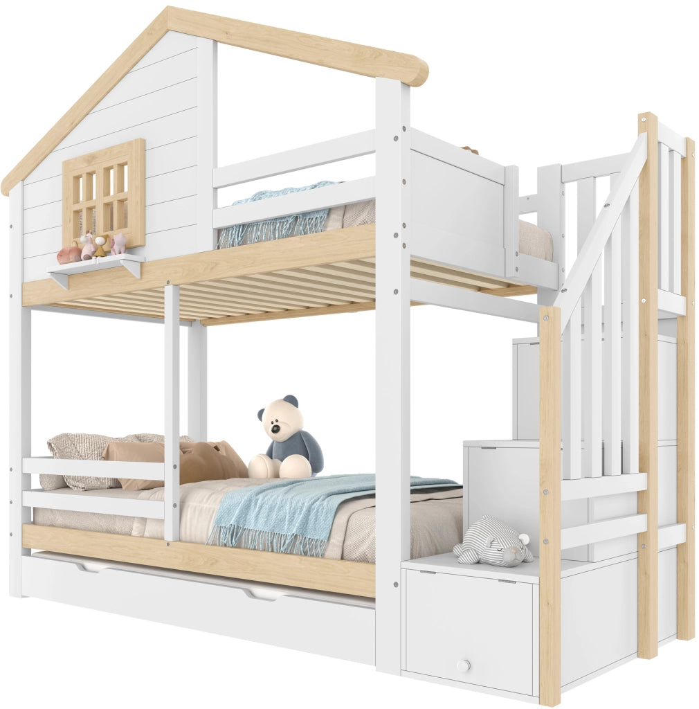 Letto a Castello 90x200 cm con Letto Estraibile; Sponde e Scala contenitore - Bianco