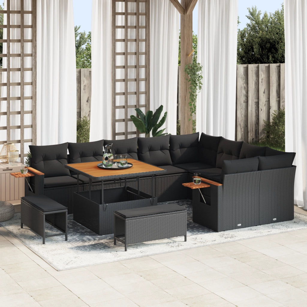 Set da giardino  da 12 pezzi con cuscini in Polyrattan nero e Acacia